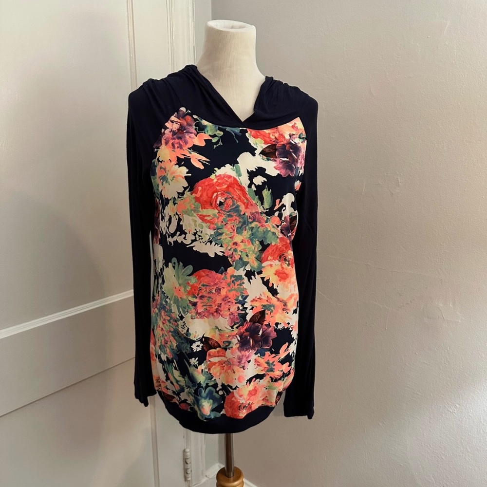12 Pm By Mon Ami L Navy Lightweight Hoodie with Neon Floral Front Pattern